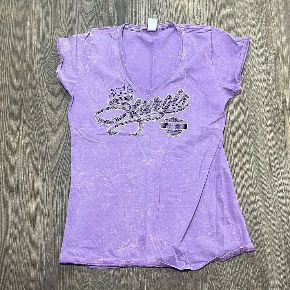 Harley-Davidson V-Neck T-Shirt Rhinstones Sturgis Print Short Sleeve Purple Sz M